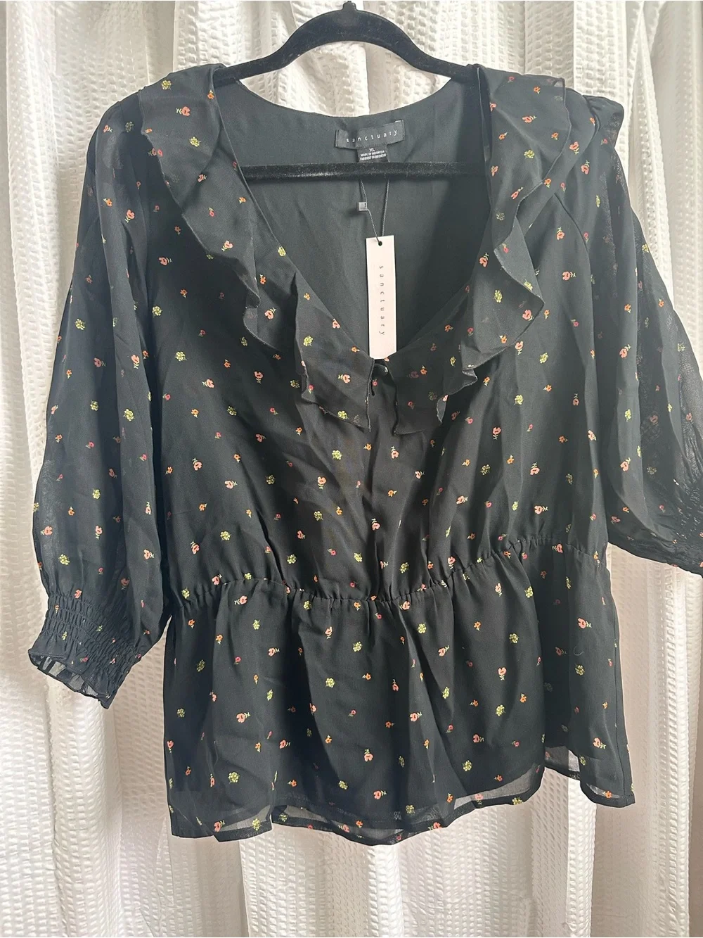 Sanctuary Black Sheer Ruffle Peplum Blouse with Micro Dot Print - Picture 2 of 4